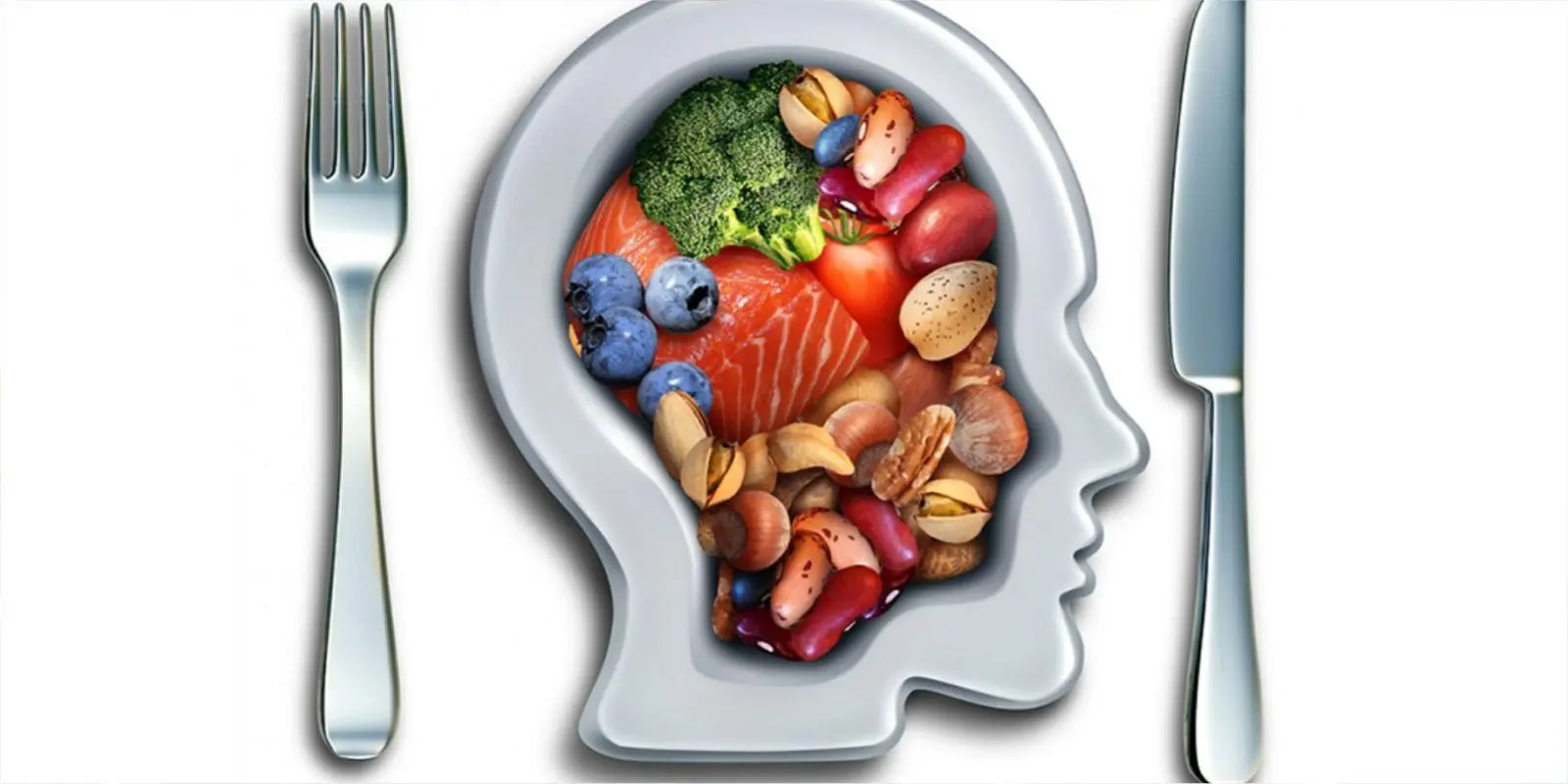 Uma foto de um prato com o formato de uma cabeça. Dentro do prato aparecem diferentes tipos de comida, indicando a tecnica de mindfulness